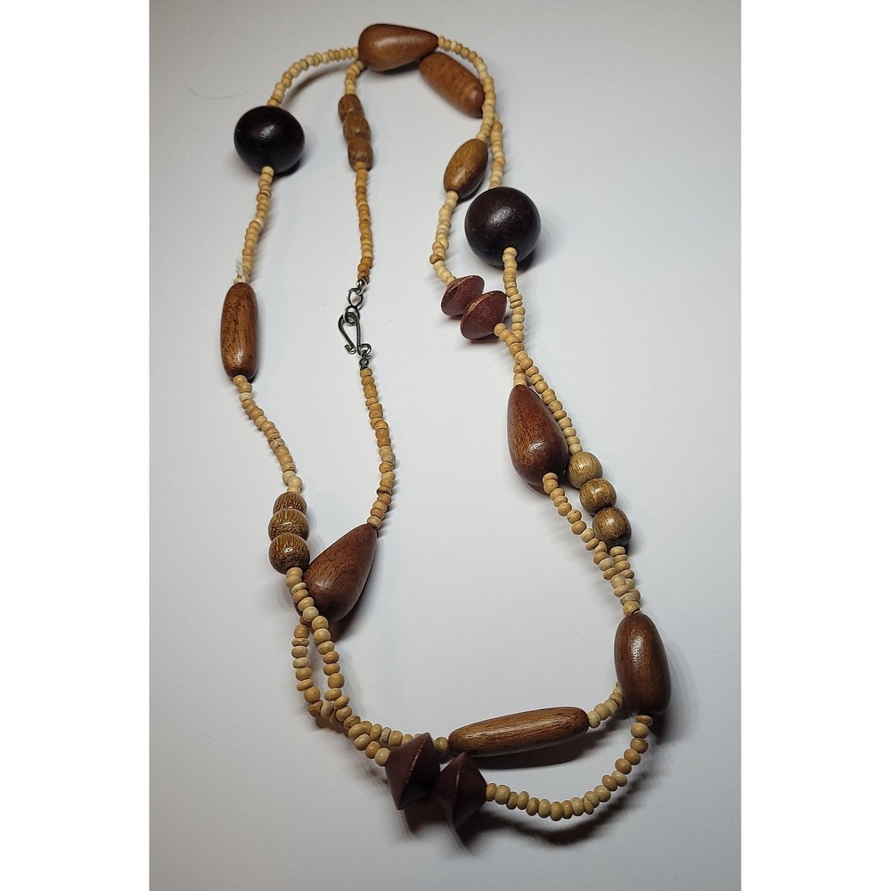 Natural Wood Bead Necklace 42" Multi Strand Brown Statement S Hook Clasp